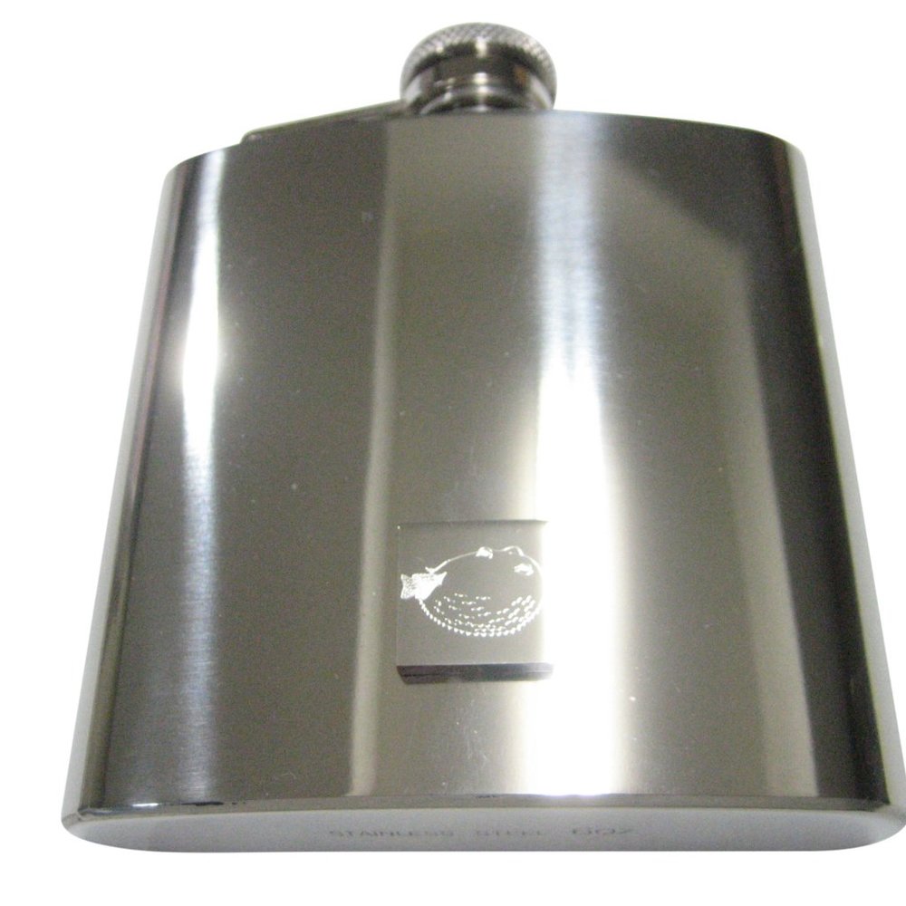 Silver Toned Square Etched Blowfish Fugu Puffer Fish 6oz Flask